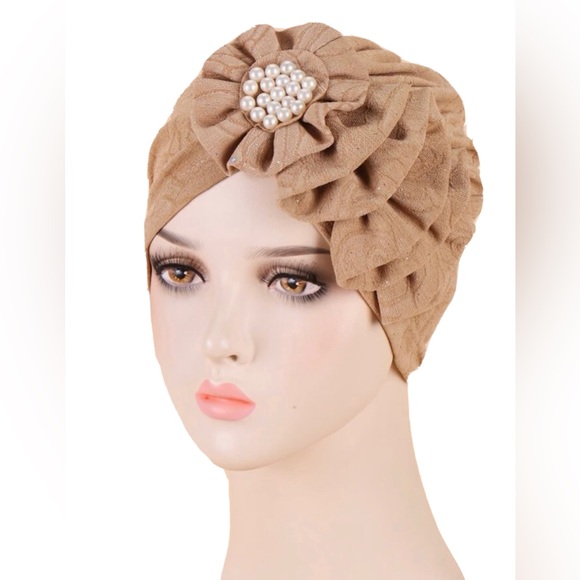 Accessories - ❀ Khaki Floral Faux Pearl Elegant Beanie Bonnet Turban Hat